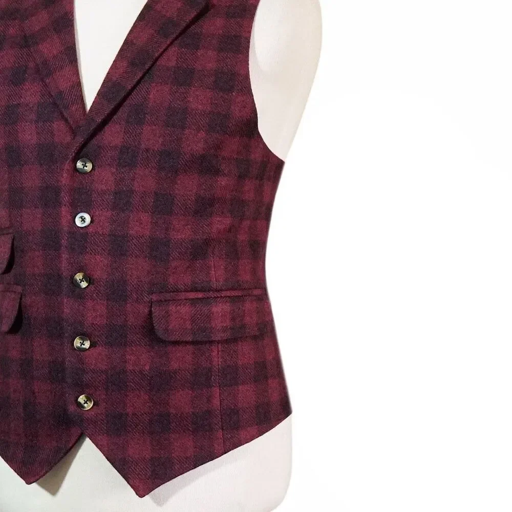 Mens 46R Wool Vest Burgundy Black Plaid Check Waistcoat Formal Wedding Party
